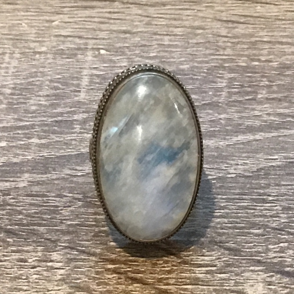 Sterling Silver & Large Rainbow Moonstone Scrollwork & Caviar Beadwork Ring Sz 8
